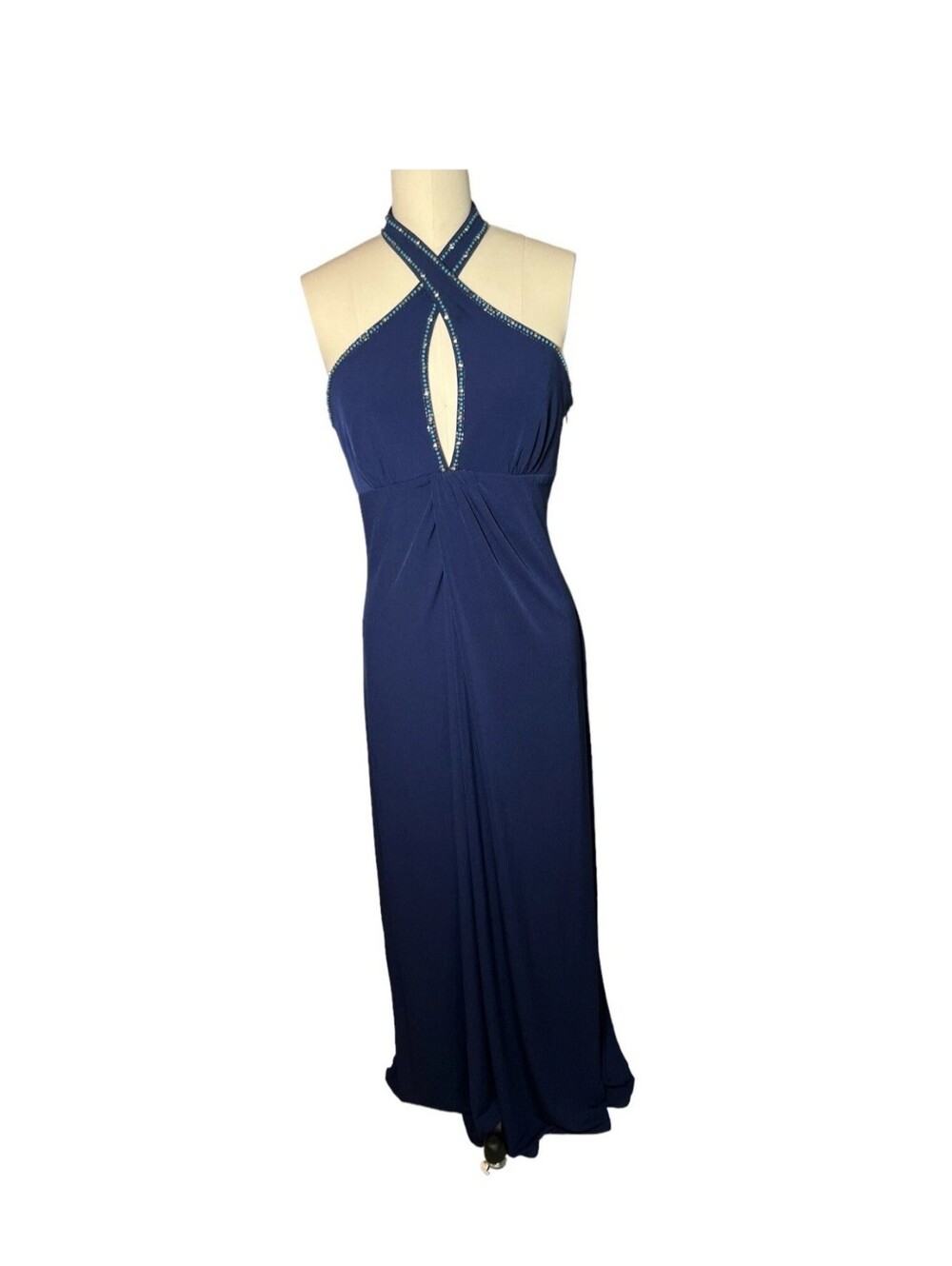 Laundry By Shelli Segal Indigo Halter Evening Gown with Beaded Keyhole Neckline